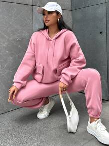 EURMUSE Women's Solid Color Minimalist Casual Hoodie Top And Pants 2 Pieces Set - Pink - View 1