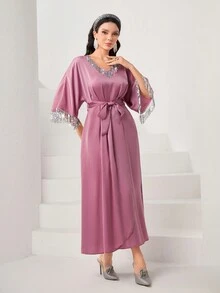 Modelyn Contrast Sequin Belted Dress - Pink - View 3