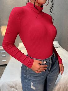 SHEIN SXY Body unicolor de cuello alto tejido de canalé - Rojo - Ver 3