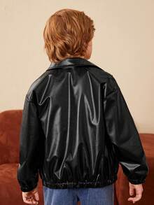 SHEIN 男大童拉鏈開襟PU皮革夾克無毛衣 - 黑色 - 查看 2