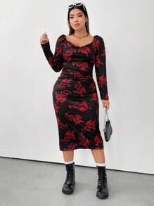 Flirla Plus Chinese Dragon Print Sweetheart Neck Bodycon Dress - Black - View 3