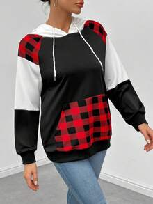 SHEIN Essnce Plaid Print Colorblock Drawstring Hoodie - Black - View 4