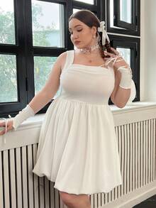 Flirla 大碼素色前收褶洋裝 - 白色 - 查看 3