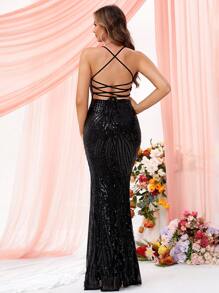 LOVE&LEMONADE 开叉大腿亮片吊带舞会礼服黑色优雅正式晚会婚礼宾客礼服，适合毕业典礼、晚宴派对礼服 - 黑色 - 查看 3
