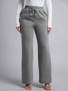 SHEIN PETITE 抽繩腰斜袋闊腿運動褲 - 灰色 - 查看 5