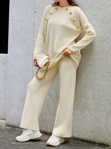EURMUSE Button Detail Raglan Sleeve Sweater & Knit Pants - Beige - View 3