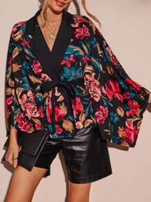 SHEIN LUNE Floral Print Batwing Sleeve Belted Coat