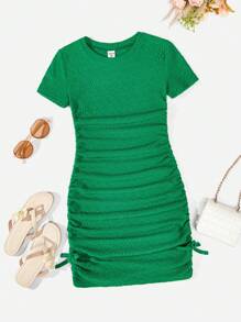 SHEIN Tween Girl Casual Solid Round Neck Short Sleeve Dress With Drawstring & Ruffled Hem - Green - View 1
