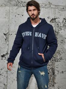 Manfinity Homme Men Plus Letter Graphic Zip Up Drawstring Hoodie - Royal Blue - View 1