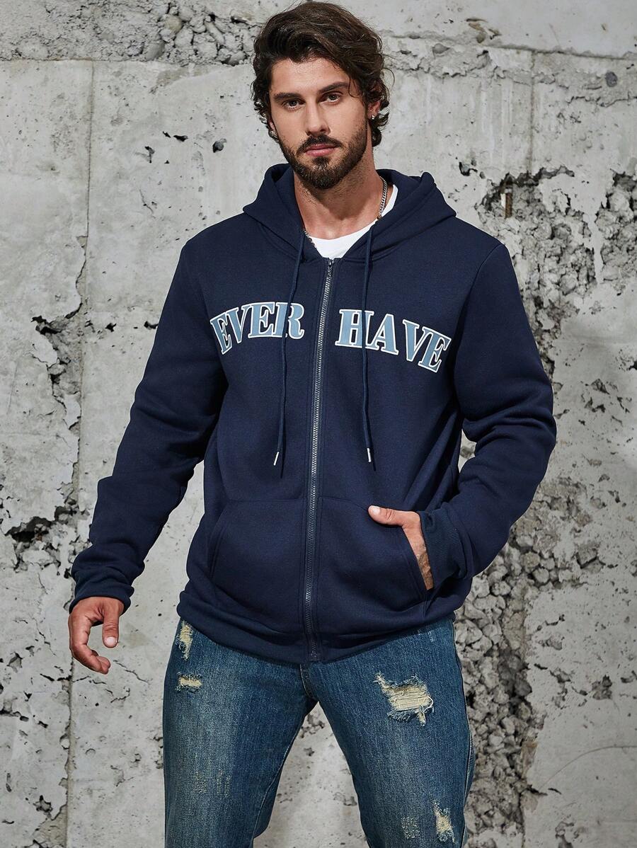 Manfinity Homme Men Plus Letter Graphic Zip Up Drawstring Hoodie - Royal Blue - View 1