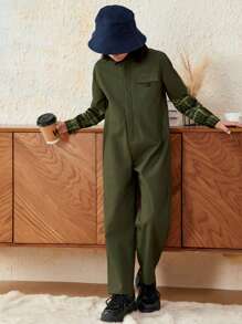 SHEIN Tween Boy Plaid Panel Flap Pocket Jumpsuit Without Bag - Army Green - View 5