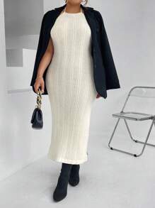 Calvaya Plus Solid Ribbed Knit Sweater Dress - Apricot - View 5