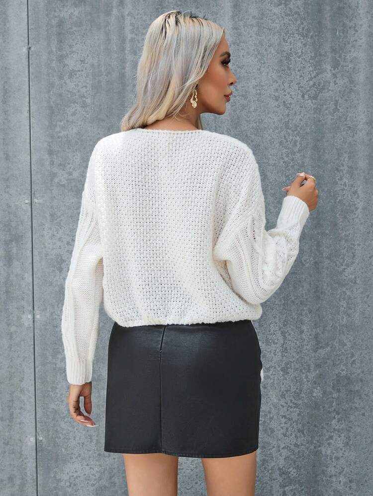Solid Tie Front Cable Knit Drop Shoulder Knit Pullover Fall Winter Sweater