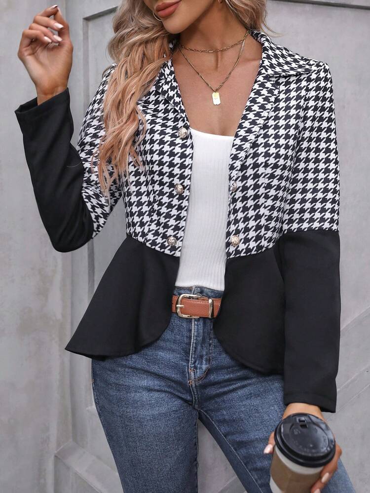 Houndstooth Print Button Front Peplum Hem Coat Fall Cloth For Women