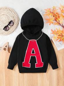 Young Boy Letter Pattern Hooded Sweater - Black - View 1