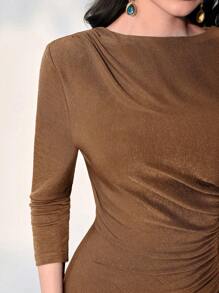 Modelyn Solid Ruched Bodycon Dress - Camel - View 3