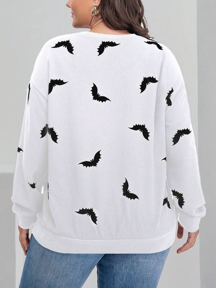 Plus Bat Print Drop Shoulder Sweatshirt Pullover Fall Sweatshirt