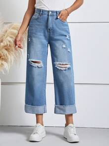 SHEIN LUNE Rách Cuộn lên Hem Rách Quần legging thẳng - Rửa trung bình - Xem 4