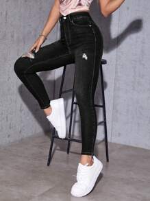 SHEIN PETITE 素色破洞緊身牛仔褲 - 黑色 - 查看 1