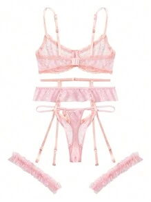 5pack Heart Pattern Mesh Bow Underwire Garter Lingerie Set - Pink - View 2