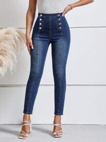 SHEIN LUNE Button Detail Skinny Jeans - Dark Wash - View 5