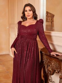 大碼雞心領口高衩亮片正式洋裝 - 酒紅色 - 查看 6