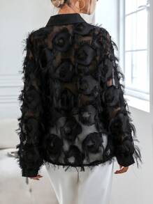 Xyvia Fuzzy Trim Button Front Shirt,Long Sleeve Tops Fall Cloth For Women