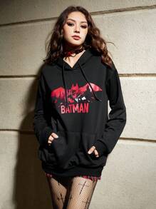 Batman X ROMWE Capucha con estampado de letra con bolsillo de canguro con cordón - Negro - Ver 1