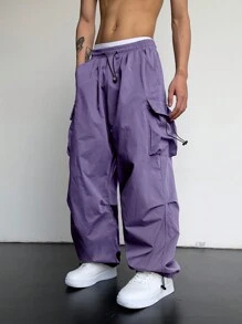 Manfinity Roghcode 男士翻盖口袋侧抽绳腰部超大宽松工装裤，适合秋季 - 紫色 - 查看 4