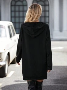SHEIN LUNE 袋鼠口袋落肩抽繩連帽洋裝 - 黑色 - 查看 2