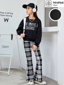 SHEIN Tween Girl Slogan Graphic Drop Shoulder Pullover & Plaid Flare Leg Pants - Black and White - View 2