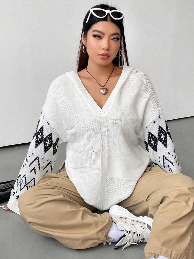 Plus Geo Pattern Drop Shoulder Hooded Sweater Knit Pullover Fall Winter Sweater