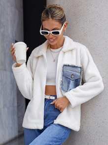 EURMUSE Flap Pocket Drop Shoulder Teddy Coat - White - View 1