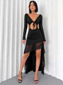 RueChic Tie Front Cut Out Waist Ruffle Hem Mesh Overlay Dress - Black - View 5