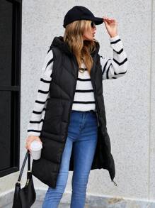 SHEIN Cottnline Dual Pocket Hooded Puffer Vest Coat - Black - View 4