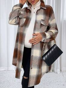 SHEIN Maternity Plaid Print Drop Shoulder Coat - Brown - View 1
