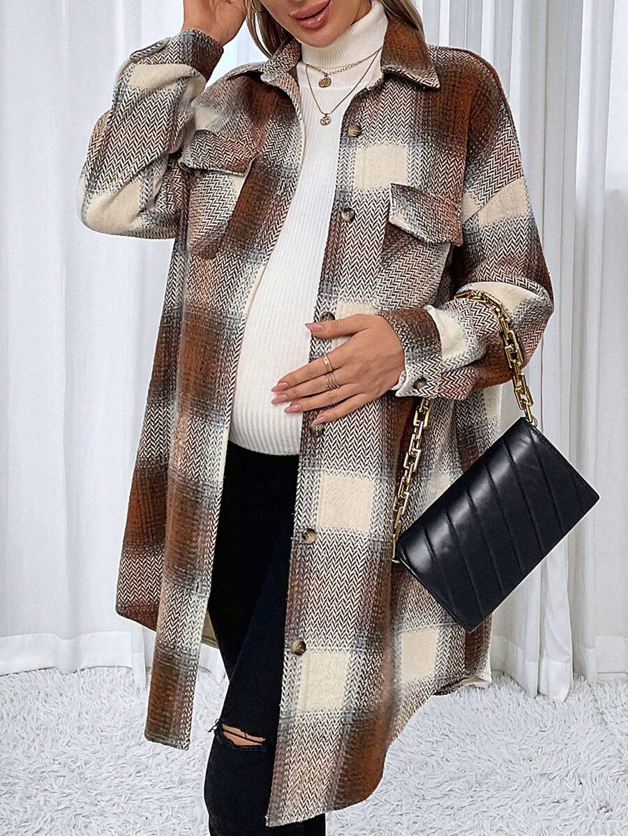 SHEIN Maternity Plaid Print Drop Shoulder Coat - Brown - View 1