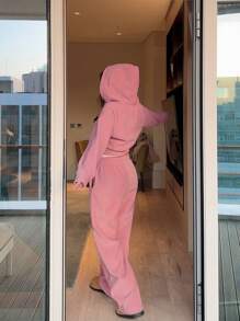DAZY 女性實色束腰連帽衛衣和長褲套裝 - 粉色 - 查看 2