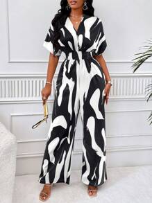 SOLERSUN Graphic Print Batwing Sleeve Wide Leg Jumpsuit - Black and White - View 4