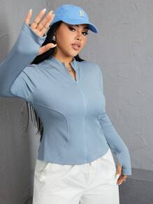 SHEIN EZwear 秋冬加大拉链拇指孔罗纹针织夹克 - 藍色 - 查看 4