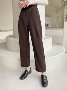 DAZY Quần ống đứng xếp ly màu trơn cho nữ, Quần công sở thường ngày cho nữ, Quần váy cho nữ mùa thu - Cà phê nâu - Xem 4