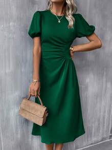 SHEIN Clasi Váy xếp nếp tay phồng phía trước - Màu xanh lá cây đậm - Xem 3