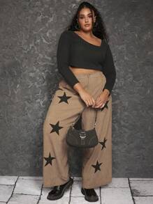 SHEIN CURVE+ 大碼星星印花闊腿褲 - 彩色 - 查看 1
