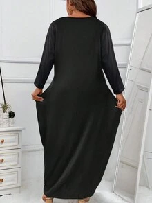Plus Solid Hidden Pocket Maxi Tee Dress - Black - View 2