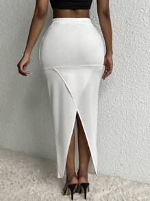 Slaydiva Drawstring Waist Slant Pocket Split Back Skirt - White - View 2