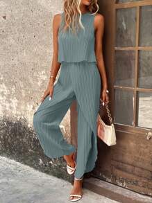 EMERY ROSE Solid Tank Top & Tulip Hem Pants - Baby Blue - View 5