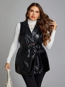 SHEIN Clasi 大碼雙排扣束帶 PU 皮革背心外套 - 棕色 - 查看 3