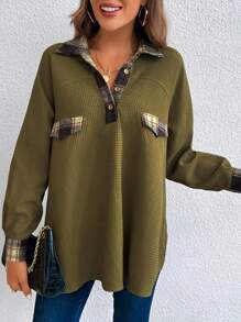 SHEIN LUNE Bluse aus Waffelstrick mit Karomuster und Polokragen