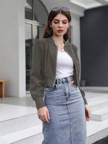 Mulvari 純色拉鍊短款飛行員夾克 - 軍綠色 - 查看 4