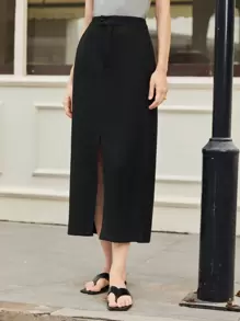 BizChic 女式黑色纯色前开衩 A 字型休闲基本款中长裙，秋冬款 - 黑色 - 查看 5